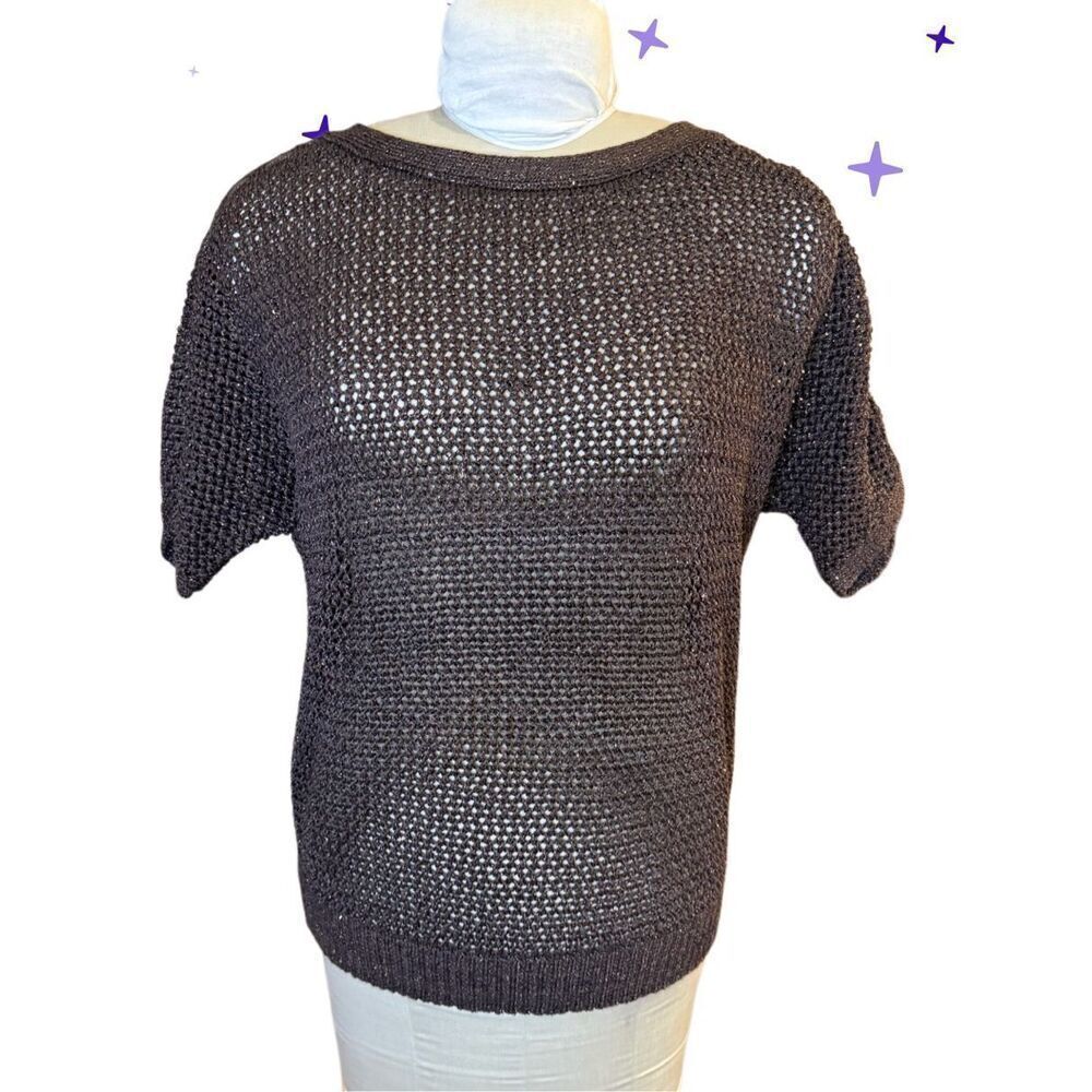 Chico's Pullover Sweater Shimmer Metalic Espresso Shoulder Detail Size 1 US Med